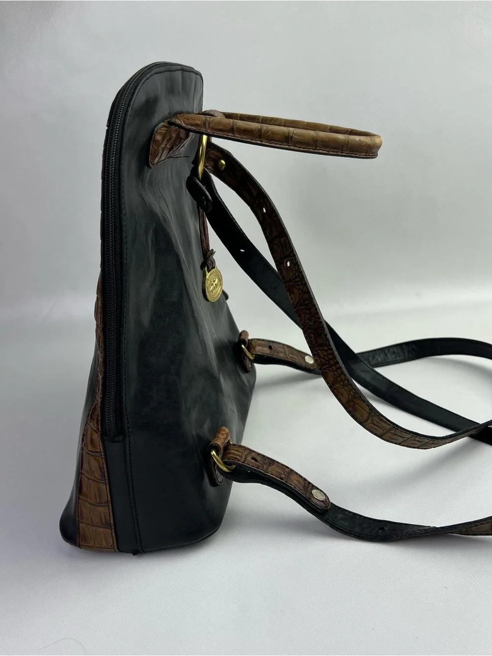 VTG Brahmin Leather Black Brown Croc Print Straps Tuscan Backpack Purse